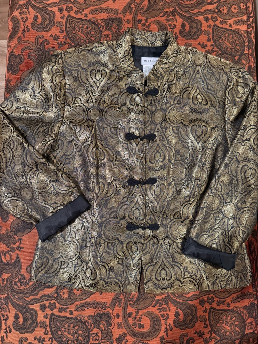 Metaphor Gold Brocade Mandarin-Style Jacket with Black Trim